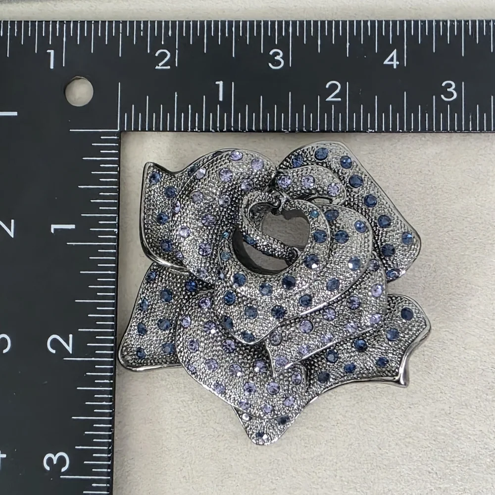 Vintage Oxidized Silver Rose Flower Brooch Pin Purple Blue Rhinestone